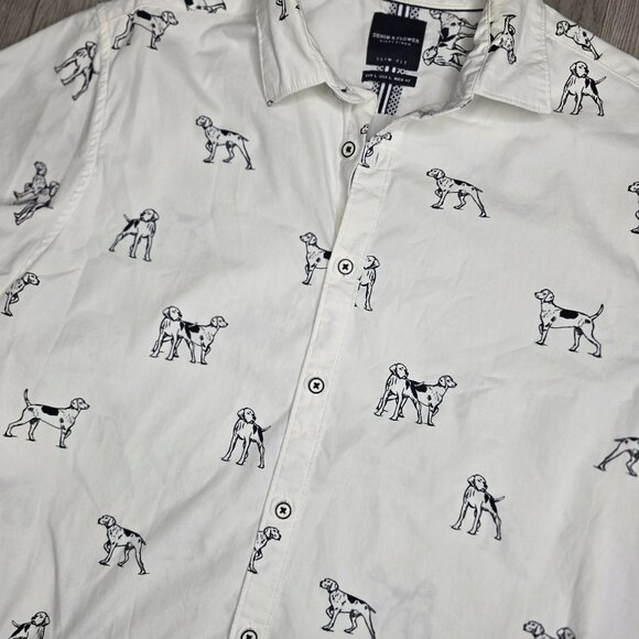 Denim & Flower Nicky Slim Fit Short Sleeve Button-Up Shirt L Dog Print White - Picture 5 of 5